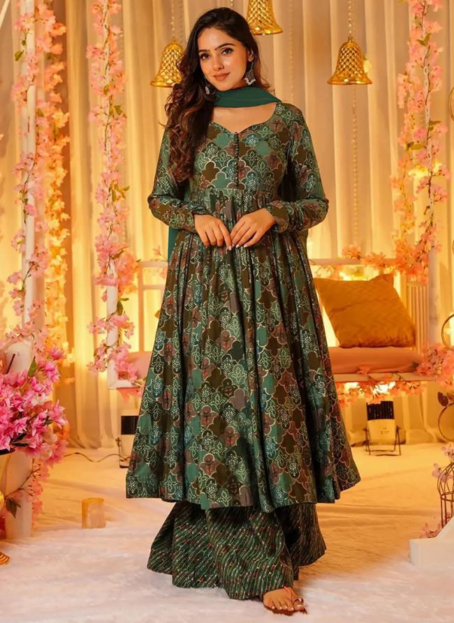 Pure Muslin Green Festival Wear Printed Readymade Anarkali Suit